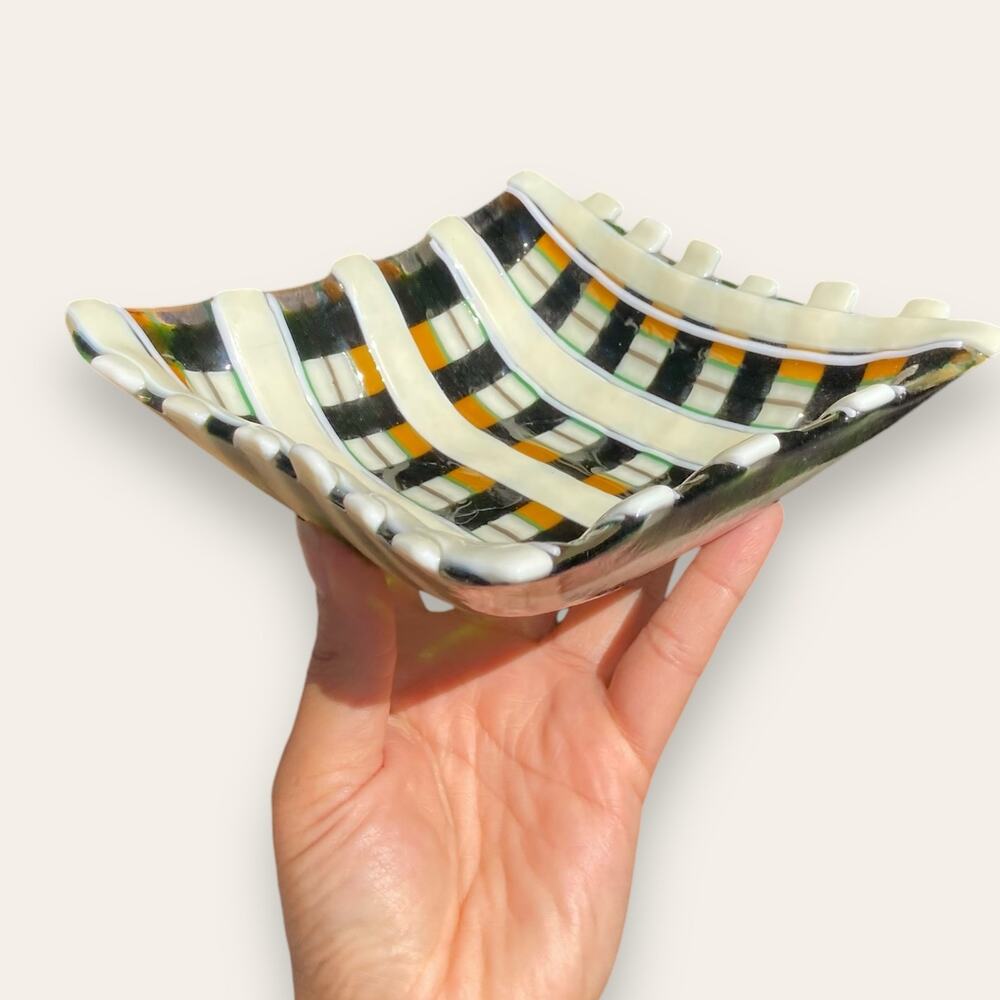 Tucson Made Glass Candy Dish or Ashtray, Green, Cream and yellow Cross Hatch